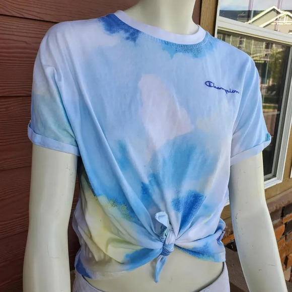 Champion Women's Tie-Front Print Tee Multi Wash Cloud Deep Forte Blue Medium - Picture 13 of 15